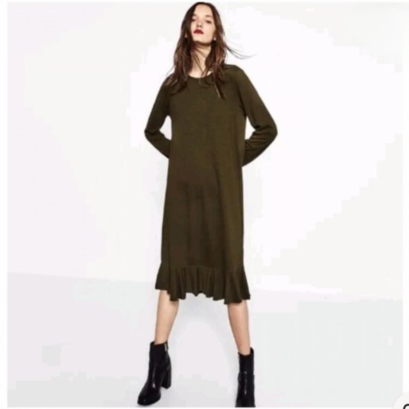 Zara Olive Green Ruffle Hem Midi Long Sleeve Dress Size S - Picture 1 of 7